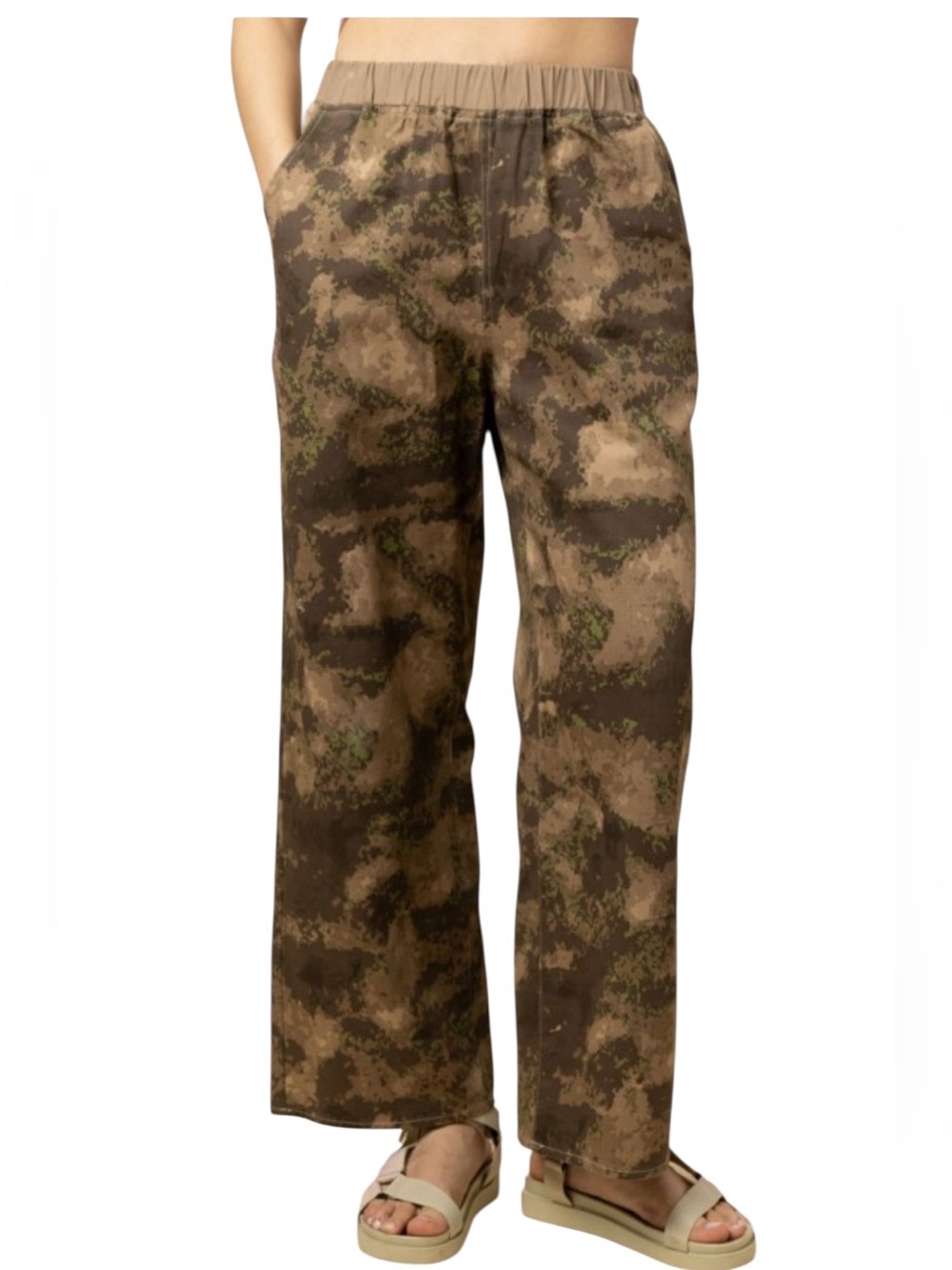 New IN CAMO Print Cotton Elastic Waistband Pull on Wide Leg Pant with Pockets
